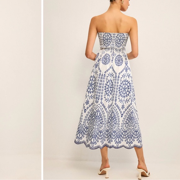 Commense Strapless Midi Dress Size Small Blue and White Print Boho Vacation - Picture 2 of 11